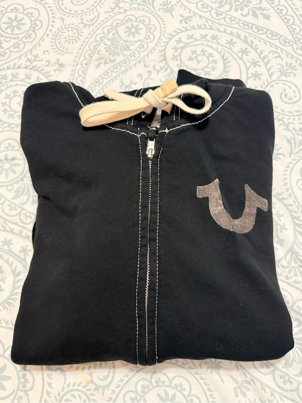 True Religion Black Zip Front Hoodie with Cream Drawstring